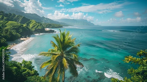 a palm tree is standing on the shore of a beach with a mountain in the background