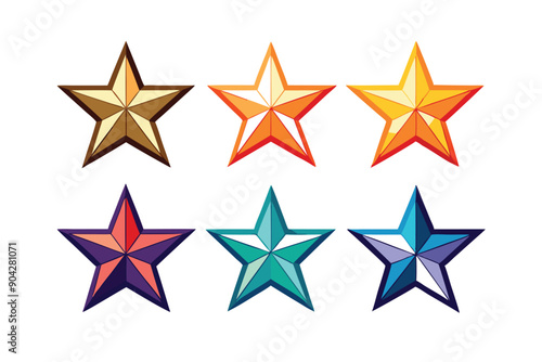 Six Multicolored 3D Stars with White Background