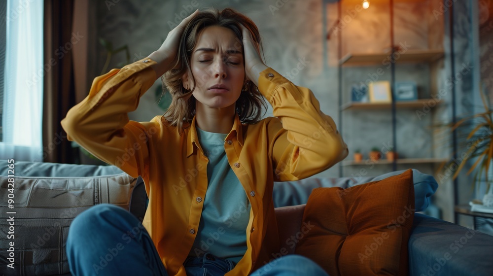 Fototapeta premium Woman with headache and migraine sitting on couch feeling bad and dizzy. Hands grab your head. Burnout symptoms and facial expressions distorted in pain