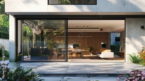 Wallpaper Mural A living room with a large window that overlooks a pool and a grassy area. The room is furnished with a couch and a chair, and a tray with a vase and a candle is placed on a table Torontodigital.ca