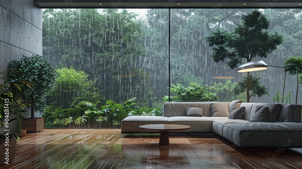 Fototapeta premium Minimalistic modern living room interior design with sofa and table, rain falling outside or outdoors in lush green garden