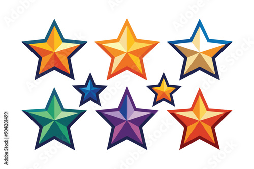 A Set of Eight Colorful Geometric Stars with Dark Blue Outlines