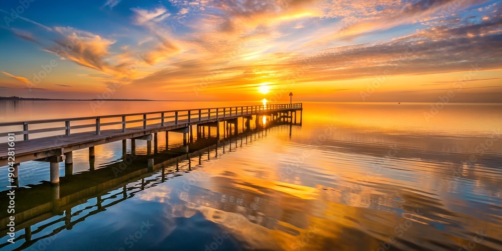 Softly glowing sunrise illuminates the wooden fishing pier Softly glowing sunrise illuminates the wooden fishing pier