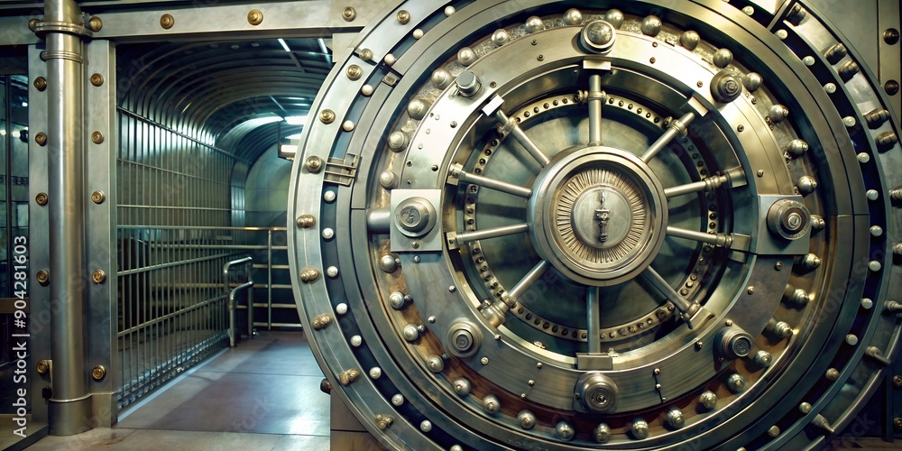 A round vault door in a bank showing its complex design The door is made of heavy metal with complex locking mechanisms visible A round vault door in a bank showing its complex design The door is made of heavy metal with complex locking mechanisms visible