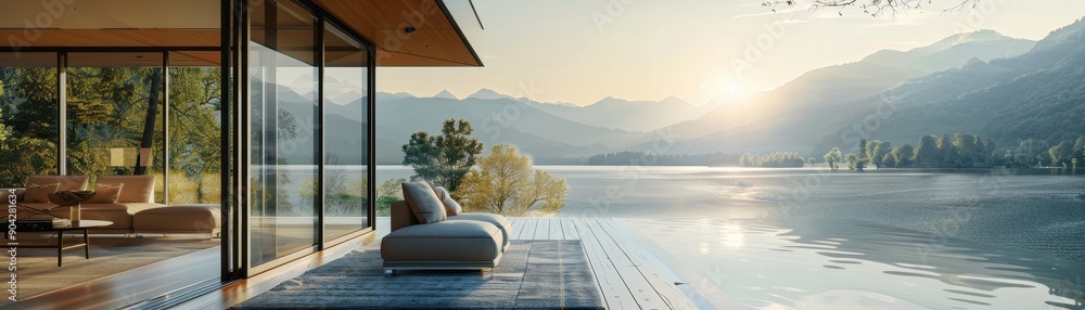 Fototapeta premium A living room with a large window that overlooks a pool and a grassy area. The room is furnished with a couch and a chair, and a tray with a vase and a candle is placed on a table