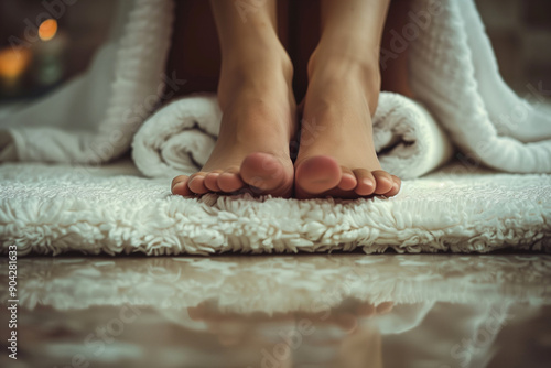 Woman feet close up relaxation in the bath mat in wellness spa photo