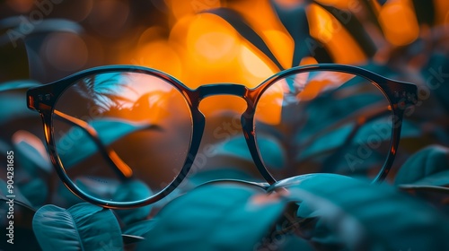 a pair of glasses sitting on top of a plant with a blurry background of leaves