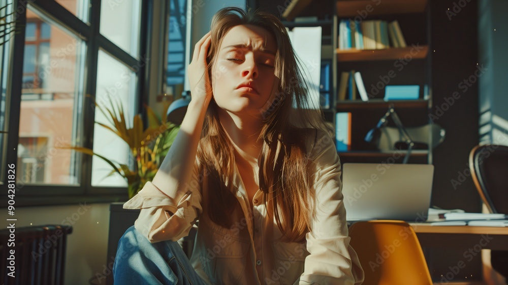 Woman with headache and migraine sitting on couch feeling bad and dizzy. Hands grab your head. Burnout symptoms and facial expressions distorted in pain