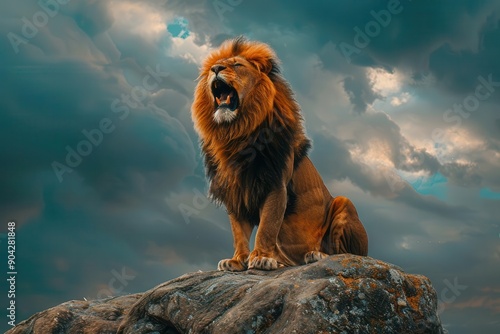 Majestic lion roaring on a rocky cliff under a dramatic sky, Wildlife, Power and strength photo