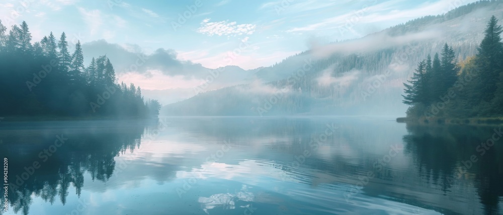 Misty and foggy early morning sunrise over the rocky mountains, reflection in lake water. Beautiful nature scenery landscape Misty and foggy early morning sunrise over the rocky mountains, reflection in lake water. Beautiful nature scenery landscape