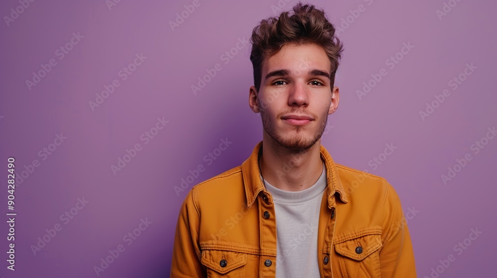Fototapeta premium a young man with a relaxed casual look on a purple background, representing sophistication and ambition, with room for text or graphic overlay.