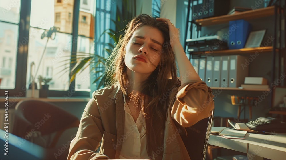 Woman with headache and migraine sitting on couch feeling bad and dizzy. Hands grab your head. Burnout symptoms and facial expressions distorted in pain