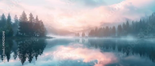 Misty and foggy early morning sunrise over the rocky mountains, reflection in lake water. Beautiful nature scenery landscape