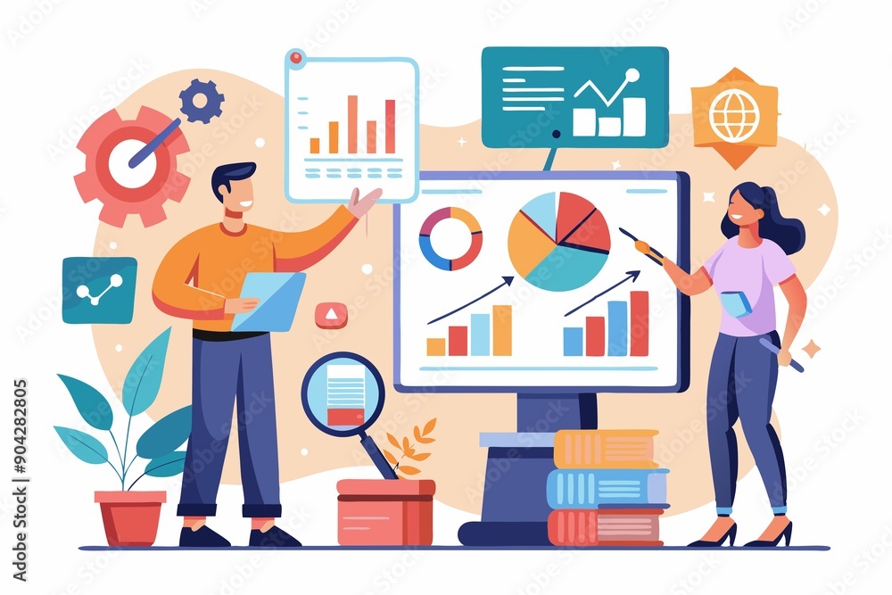 Business Professional Team Analyzing Business Data on Multiple Screens Illustration Business Professional Team Analyzing Business Data on Multiple Screens Illustration