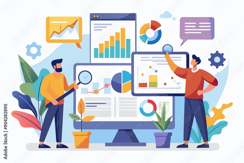 Business Professional Team Analyzing Business Data on Multiple Screens Illustration Business Professional Team Analyzing Business Data on Multiple Screens Illustration