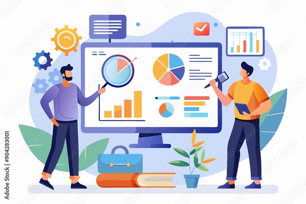 Business Professional Team Analyzing Business Data on Multiple Screens Illustration Business Professional Team Analyzing Business Data on Multiple Screens Illustration