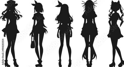 Black and white illustration of five anime girls, long hair wearing dresses, standing in different poses