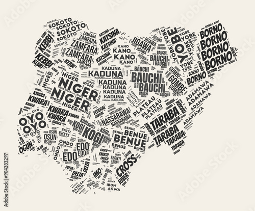 Nigeria Word Cloud. Country with regions division. Nigeria typographic text clouds vector image design. Vintage gazette style country shape image. Creative vector illustration.