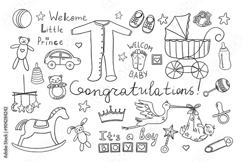 Set of cute baby shower elements in doodle style. Baby shower boy. Hand drawn. Great for card, invitation card, decoration party, design, print or advertising.