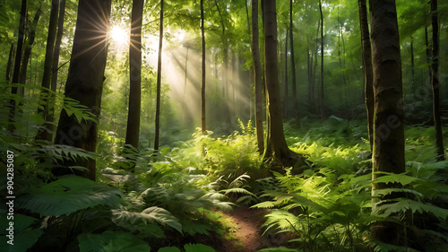 A background with a lush, green forest and soft sunlight filtering through, representing nature and calm.