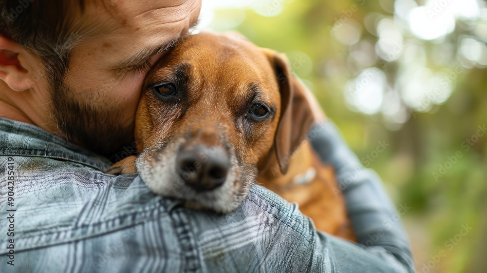Pet owner embracing their dog, showing the deep bond and affection between them Pet owner embracing their dog, showing the deep bond and affection between them
