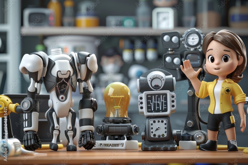 Naklejka premium A detailed illustration of a scientist with medical robots symbolizing the integration of robotics in healthcare and medical research in a modern design.