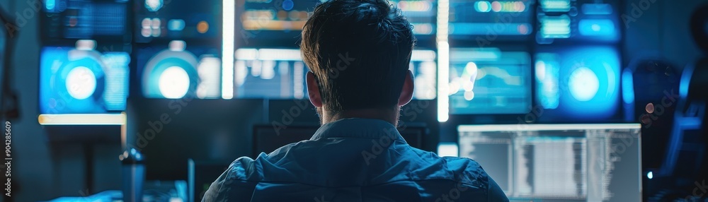 A man is sitting in front of a computer with headphones on. He is working on a computer A man is sitting in front of a computer with headphones on. He is working on a computer
