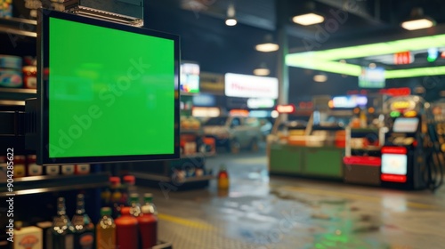 Fototapeta Naklejka Na Ścianę i Meble -  Gas station concept with blank green screen billboard displayed mockup material background wallpaper AI generated image