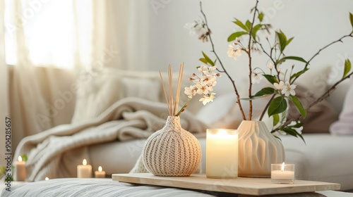 Cozy Living Room Decor with Candles and Flowers