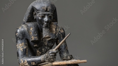 An ancient Egyptian scribe statue meticulously holds a stylus, embodying the significance of writing in historical record keeping photo