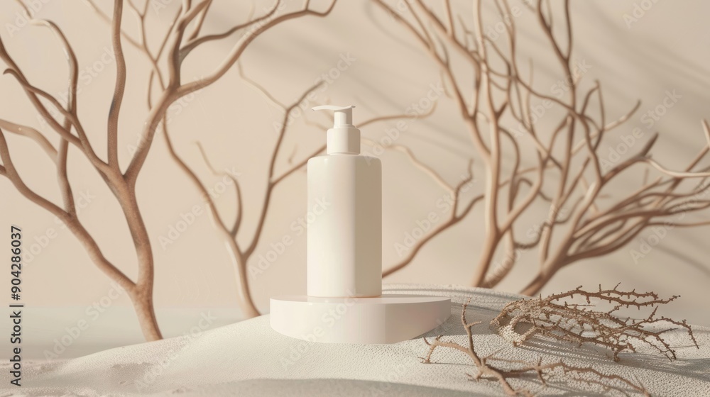 Bottle product mockup concept on podium with dry twigs background wallpaper AI generated image Bottle product mockup concept on podium with dry twigs background wallpaper AI generated image