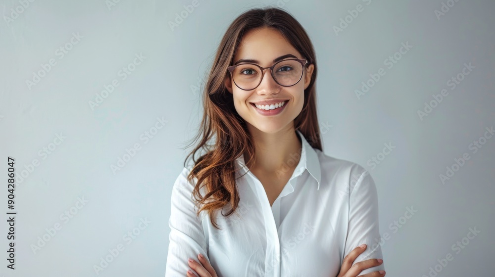 Portrait of happy smiling confident businesswoman wearing eyeglasses, standing with arms crossed. Copy space, corporate female Portrait of happy smiling confident businesswoman wearing eyeglasses, standing with arms crossed. Copy space, corporate female