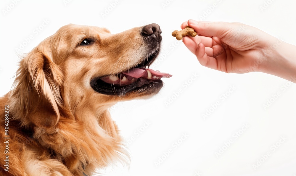 Golden Retriever Being Fed Dog Treat by Human Hand on White Background Golden Retriever Being Fed Dog Treat by Human Hand on White Background