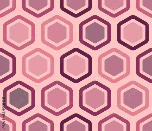 Tileable mosaic background. Bold rounded hexagon cells with padding and inner solid cells. Red color tones. Large hexagons. Tileable pattern. Seamless vector illustration.