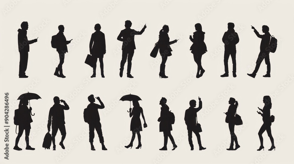 Design black silhouette illustrations of individuals in various activities such as thinking, making phone calls, pointing, holding umbrellas, and celebrating, set against a bright white background Design black silhouette illustrations of individuals in various activities such as thinking, making phone calls, pointing, holding umbrellas, and celebrating, set against a bright white background