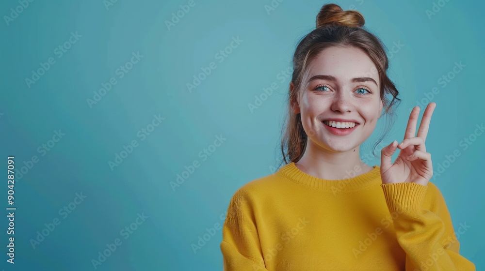 an excited young woman showcasing a good product, making an OK sign, against a blue background that highlights her enthusiastic endorsement an excited young woman showcasing a good product, making an OK sign, against a blue background that highlights her enthusiastic endorsement
