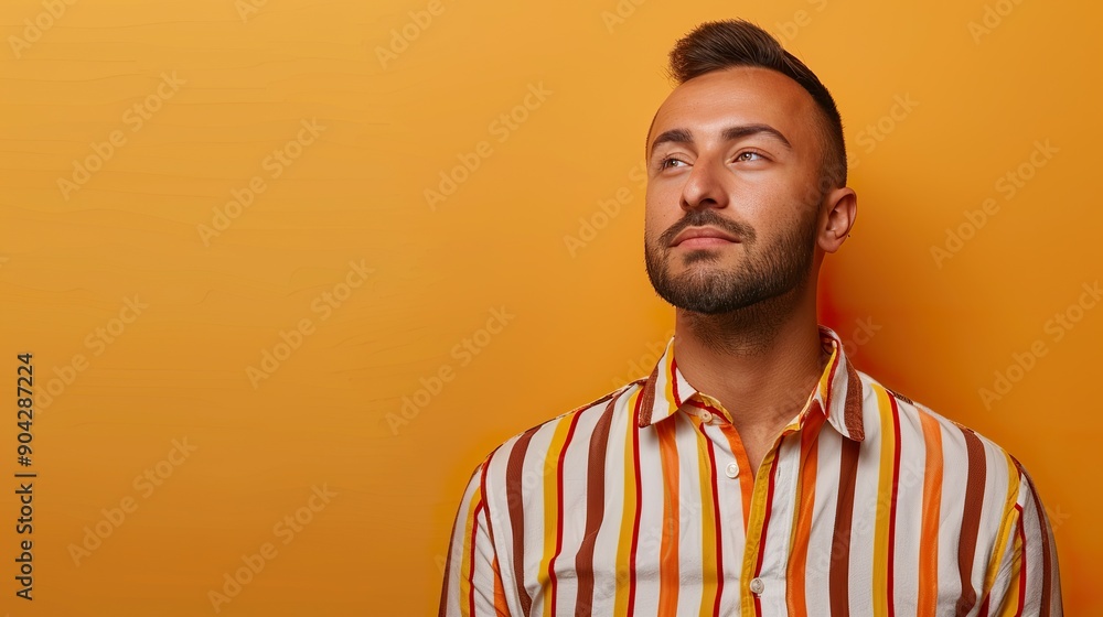 Obraz premium an image of a confident guy in a striped shirt against an orange background, with clear space available for text integration