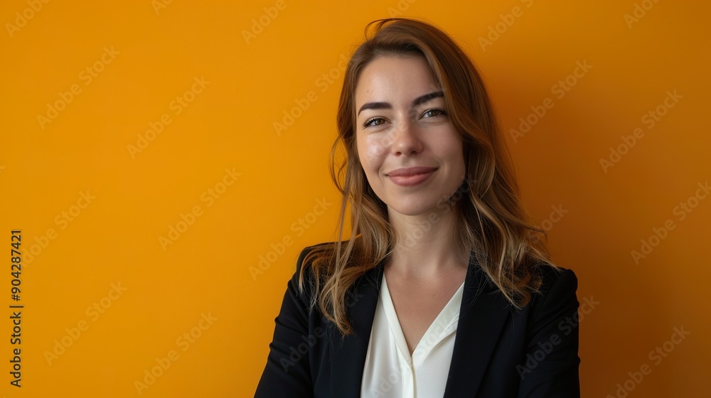 an image of a corporate woman smiling confidently, with space for text, against an orange background an image of a corporate woman smiling confidently, with space for text, against an orange background