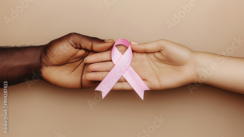 side by side black man and caucasian woman hands  holding together a pink ribbon in support for breast cancer month . photo