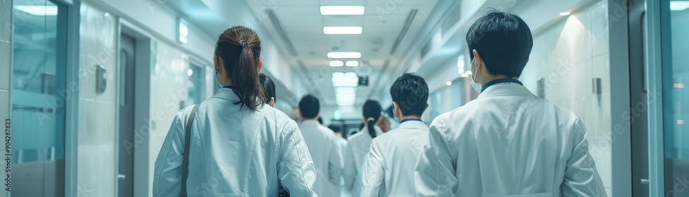 A group of people wearing white coats are walking down a hallway. Scene is serious and professional, as the people are likely doctors or nurses in a hospital setting A group of people wearing white coats are walking down a hallway. Scene is serious and professional, as the people are likely doctors or nurses in a hospital setting