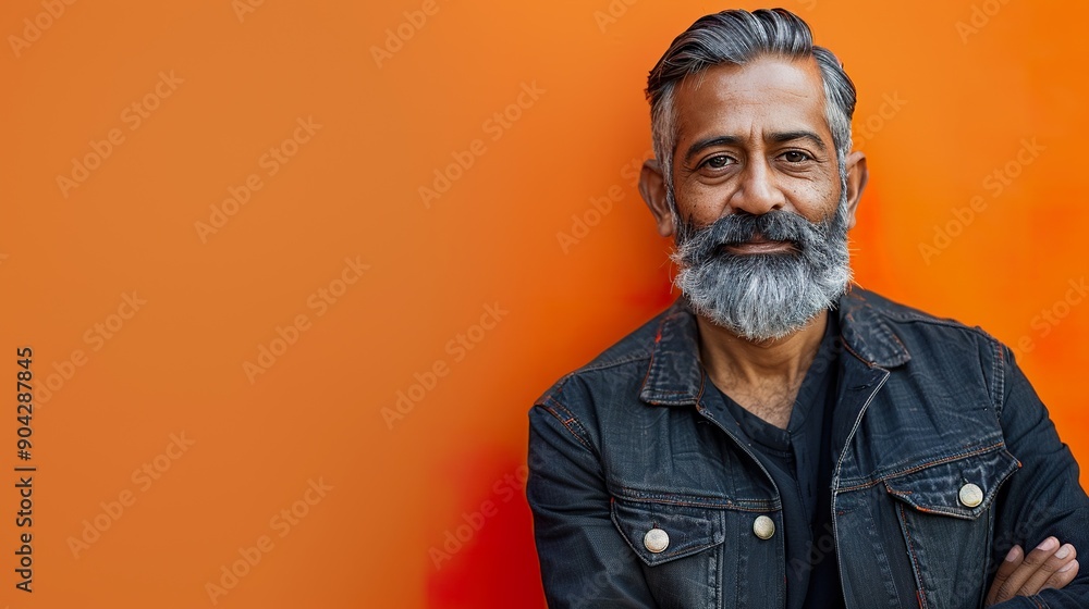 Fototapeta premium an image of a sophisticated Indian man with a gray beard, with a confident expression, against an orange background that signifies warmth and energy