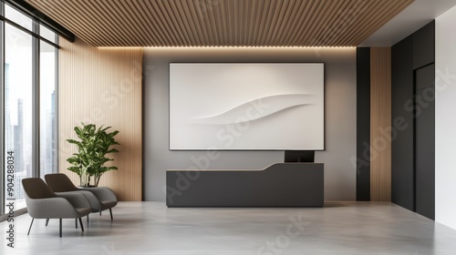 A stylish reception area in a tech startup, with a modern receptionist desk, comfortable seating, and a digital display showcasing company achievements, high-resolution photo, realistic photo