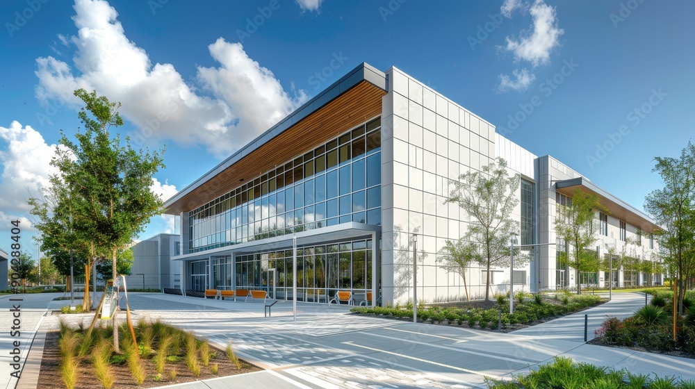 A large building with a lot of windows and a lot of people walking around. Scene is lively and bustling A large building with a lot of windows and a lot of people walking around. Scene is lively and bustling