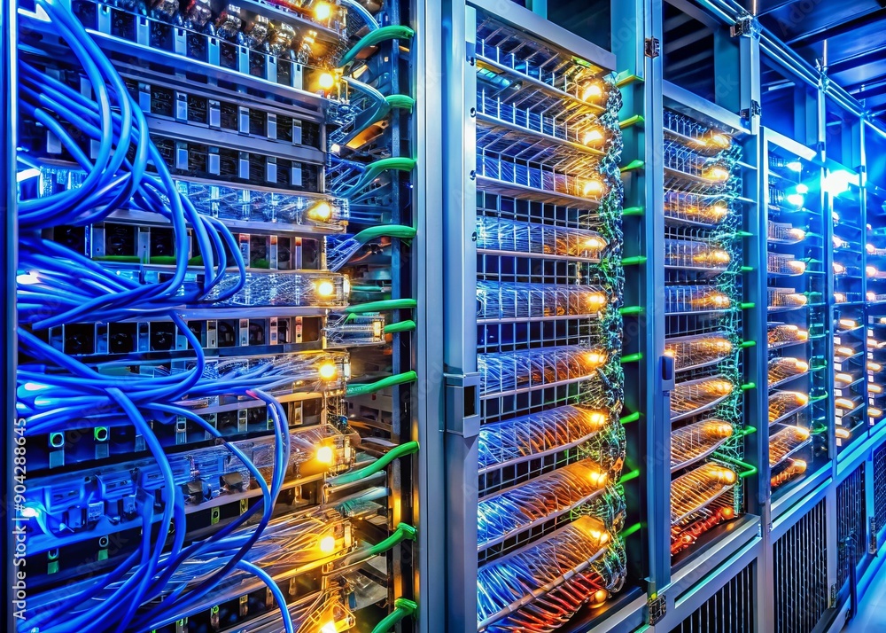 High-performance server computers with blinking lights and wires fill a secure rack cabinet, connected to high-speed internet fiber, powering cryptocurrency mining operations. High-performance server computers with blinking lights and wires fill a secure rack cabinet, connected to high-speed internet fiber, powering cryptocurrency mining operations.