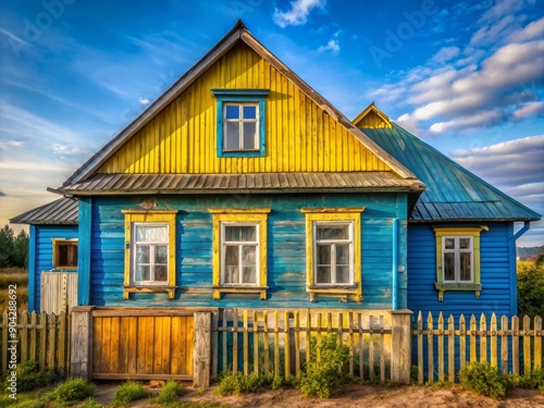 village of Belarus. Rustic russain village. Blue and yellow home exterior, plank texture photo