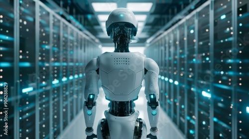 Rear back view of AI artificial intelligence robot standing in data center with racks. Futuristic technology internet information