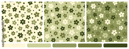 Vector seamless patterns with stylized olive flowers and dots. Minimalist style. Green shades of elements on light and dark olive backgrounds. The simple design for modern nature-inspired concepts