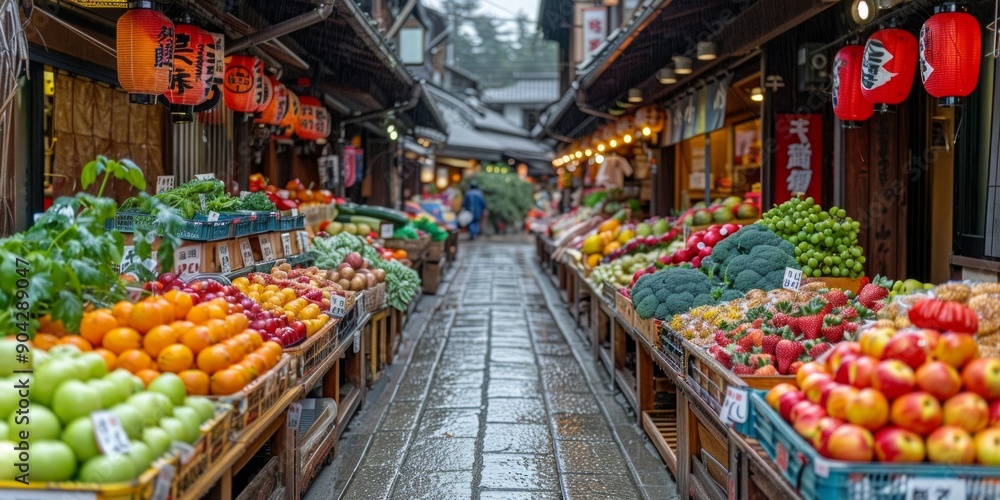 A Vibrant Street Market in Japan with Fresh Produce A Vibrant Street Market in Japan with Fresh Produce