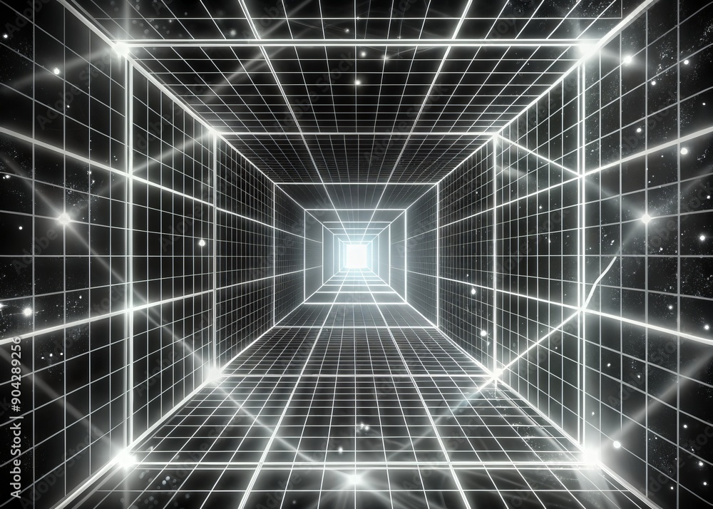 3d retro futuristic black and white abstract background. Cube square Wireframe neon laser swirl grid lines with stars. Retroway synthwave videogame sci-fi tunnel 3d retro futuristic black and white abstract background. Cube square Wireframe neon laser swirl grid lines with stars. Retroway synthwave videogame sci-fi tunnel