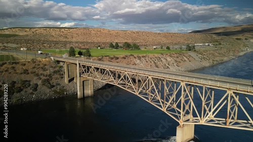 Aerial of Bridgeport bridge and Chief Joseph Dam in Bridgeport Washington at sunset in summer photo